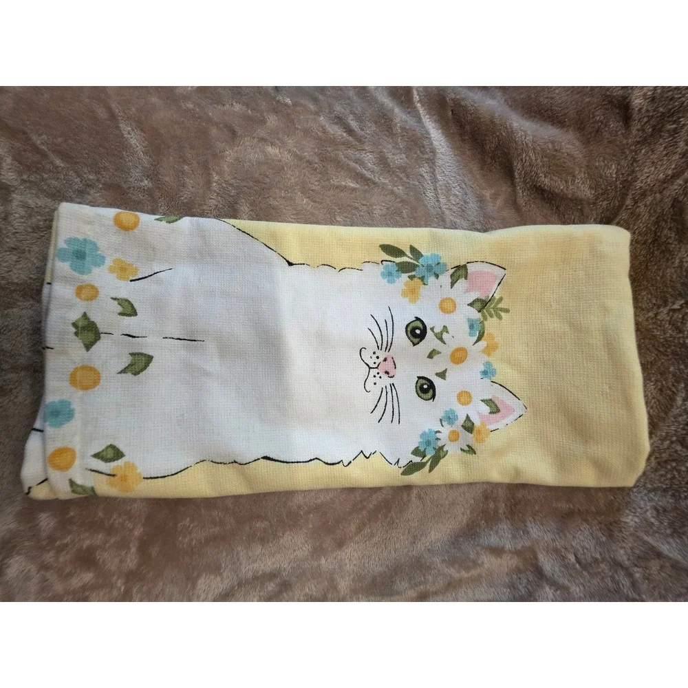 Floral Cat Hand Towel Yellow White Cotton Terry Cloth Cottagecore RN 48711